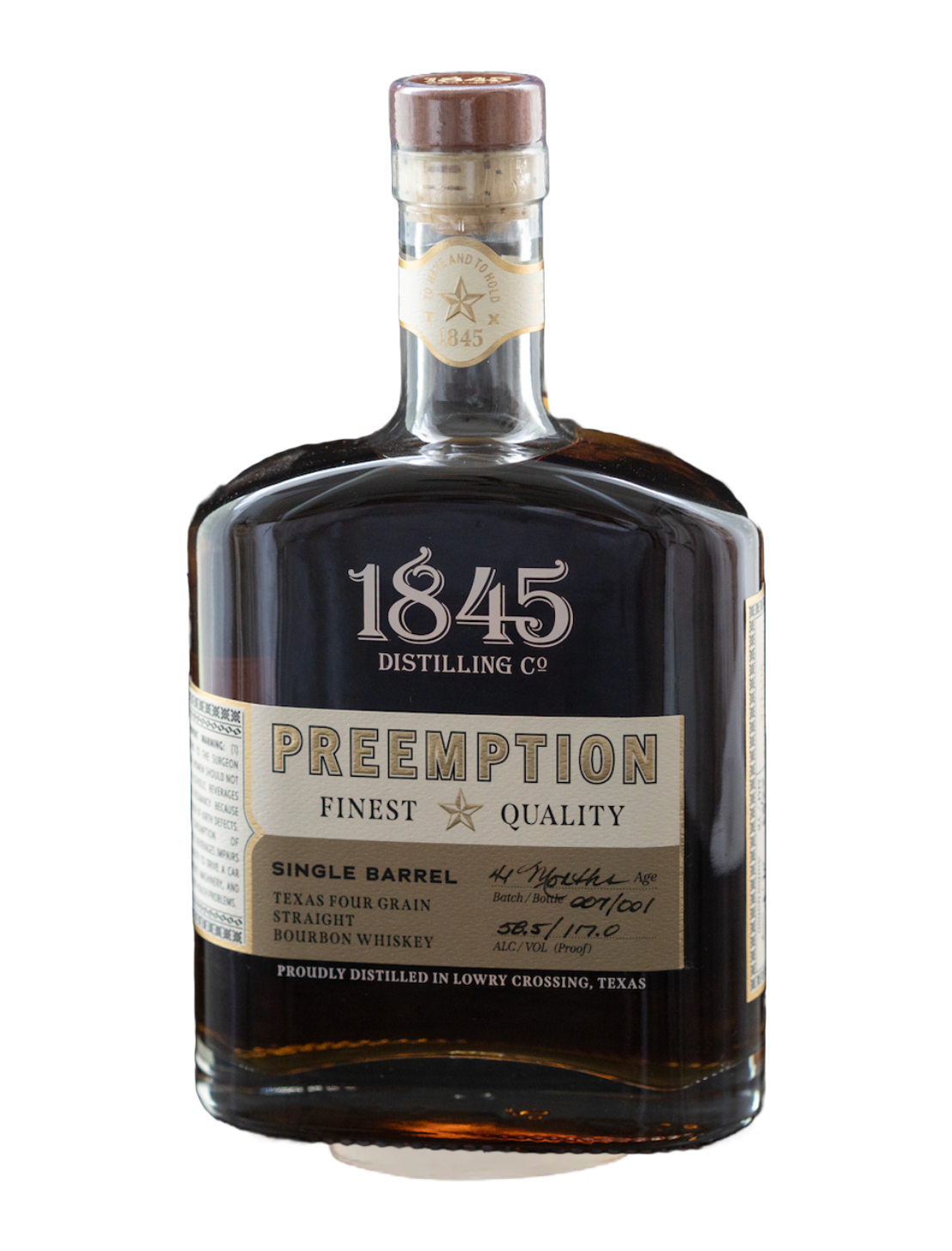 An elegant bottle of 1845 Distilling Preemption Texas Straight Bourbon Whiskey in front of a plain white baackground