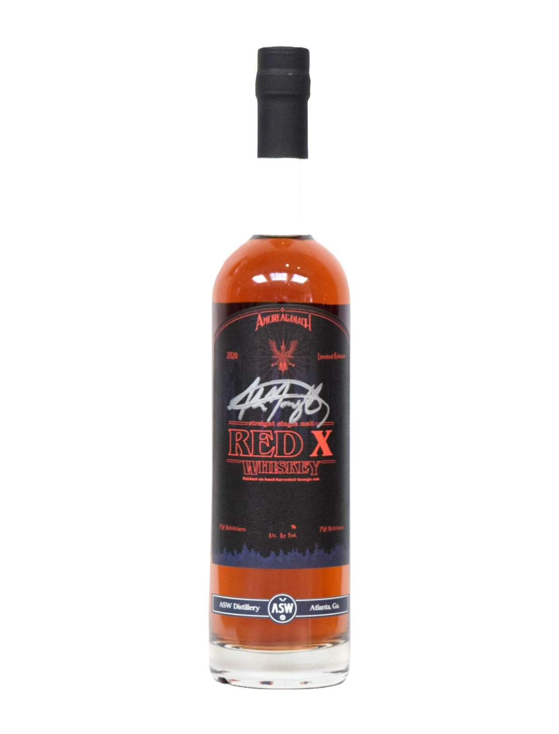 An elegant bottle of ASW Distillery Red X Single Malt Whiskey in front of a plain white background