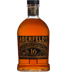 An elegant bottle of Aberfeldy 16 Year Old Scotch in front of a plain, translucent background.