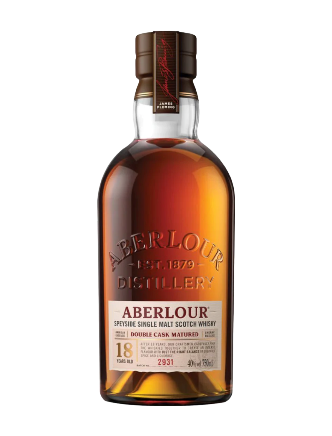 An elegant bottle of Aberlour 18 Year Old Speyside Single Malt Scotch Whisky in front of a plain white background