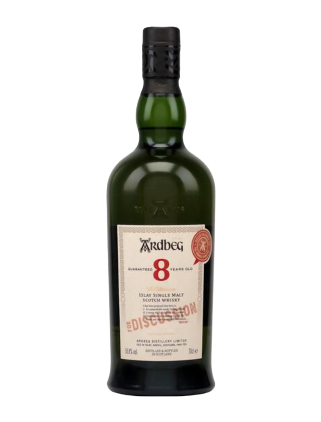 An elegant bottle of Ardbeg 8 Years Old Single Malt Scotch in front of a plain white background