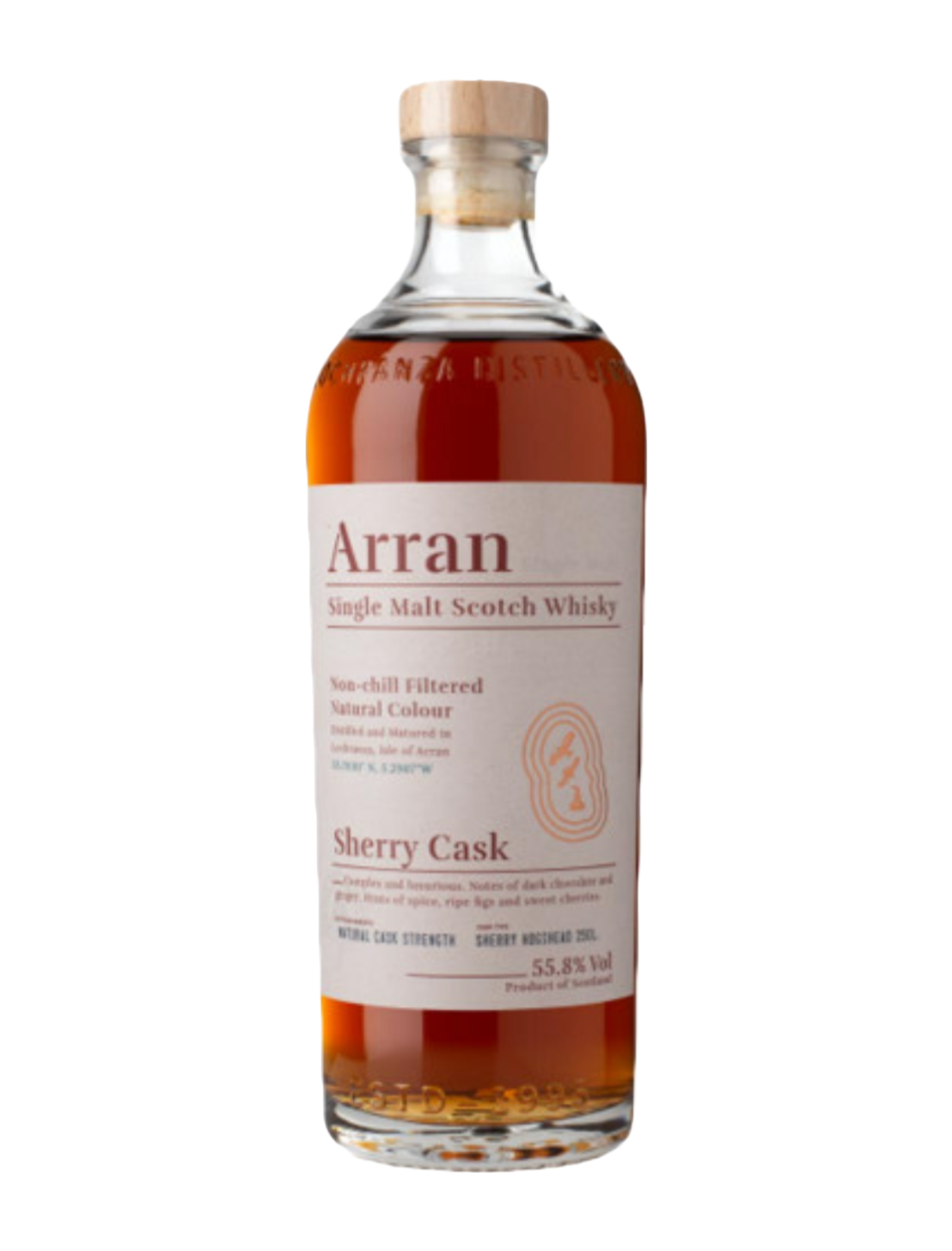 Elegant bottle of Arran Single Malt Scotch Sherry Cask The Bodega in front of a plain white background