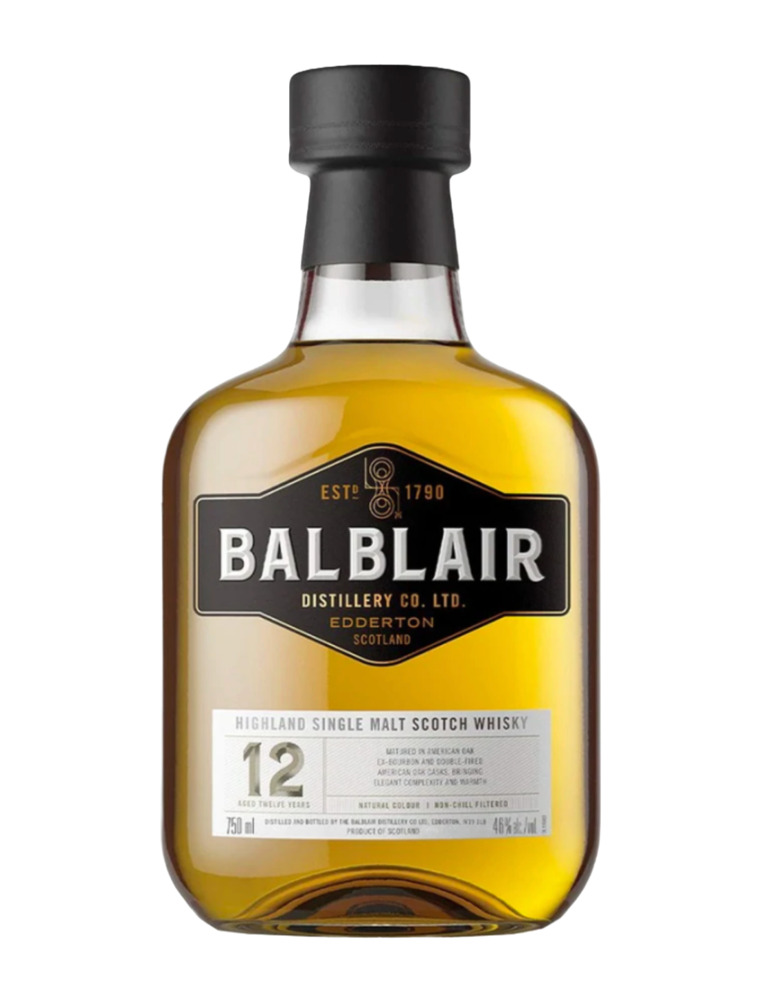 An elegant bottle of Balblair 12 Year Old Single Malt Scotch in front of a plain white background
