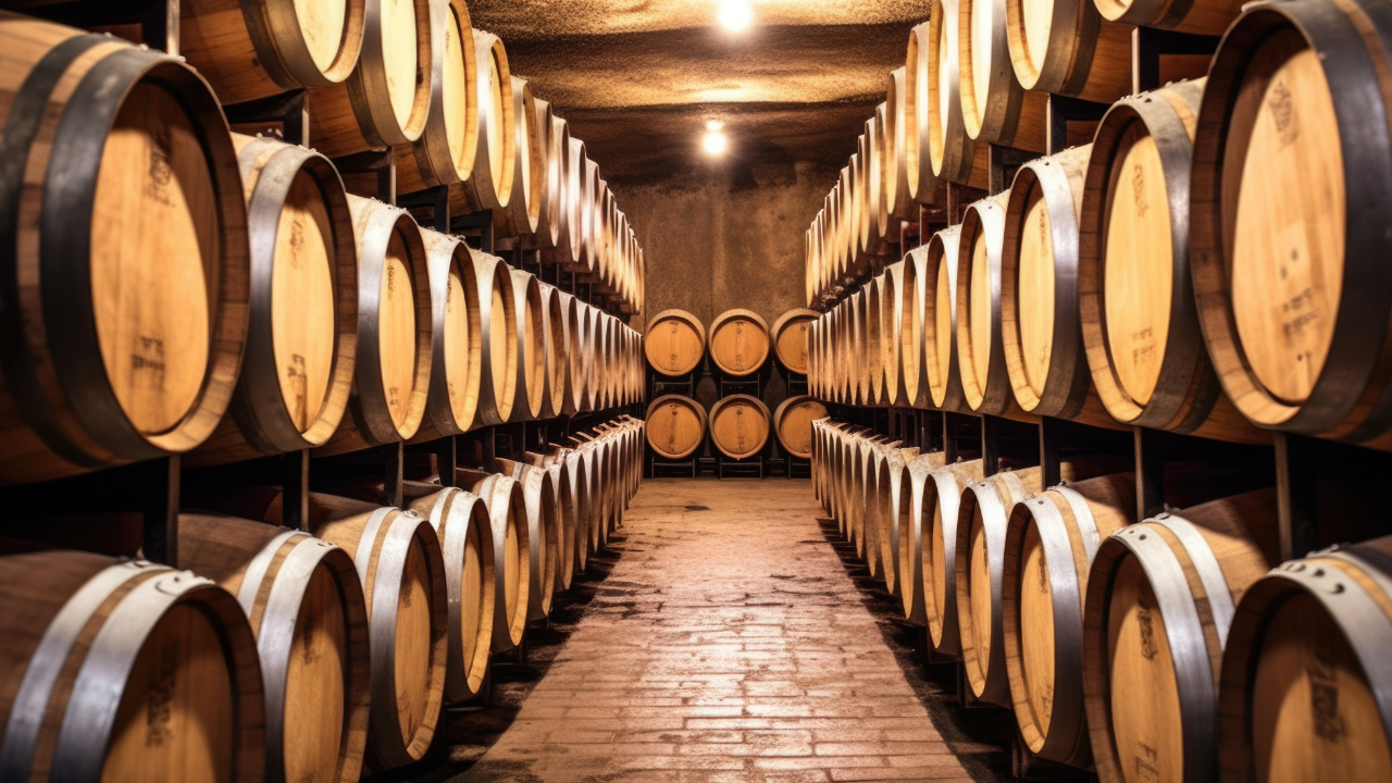 A cellar filled with rows and rows of aging barrels
