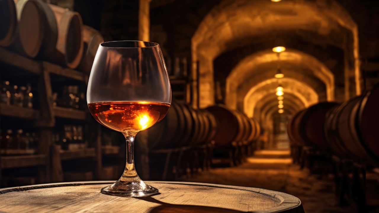 A glass of premium bourbon whiskey with rows of barrels behind it