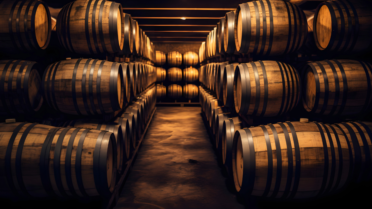 A cellar full of barrels full of aging, premium spirits