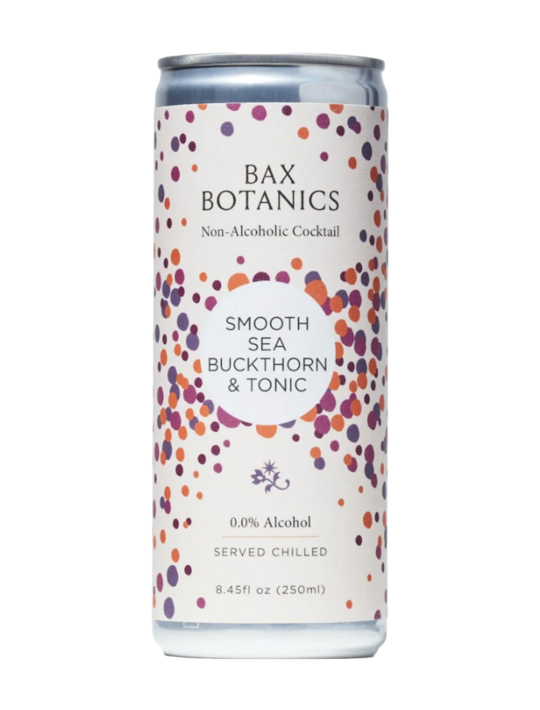 A can of Bax Botanics - Non-Alcoholic Smooth Sea Buckthorn & Tonic in front of a plain white background