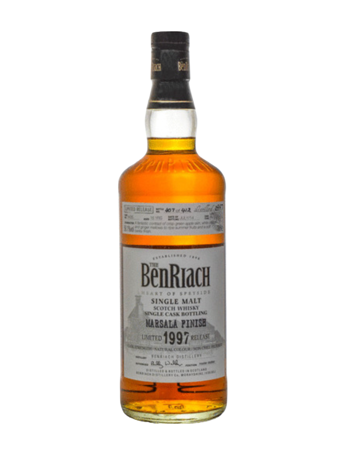 An elegant bottle of Benriach 16 Year Old Single Malt Scotch in front of a plain white background