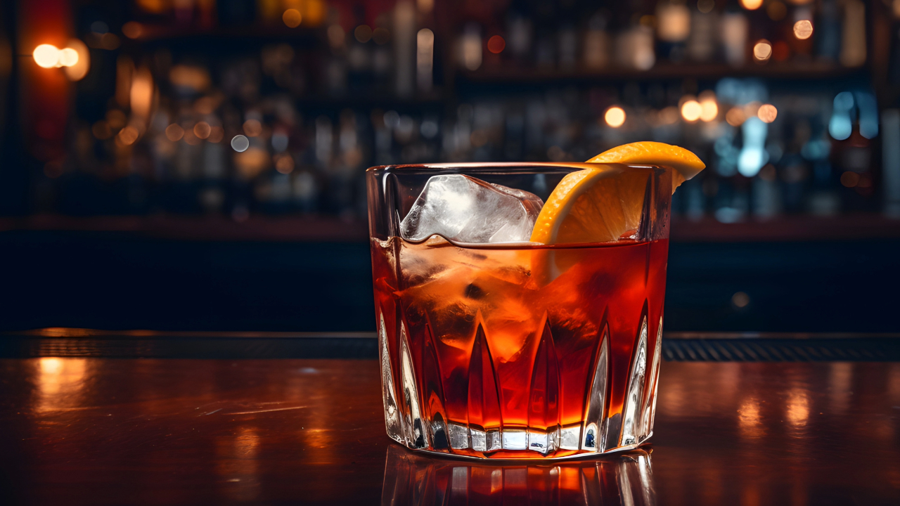 A dramatic close up of an old fashioned cocktail, one of the best bar drinks of 2024