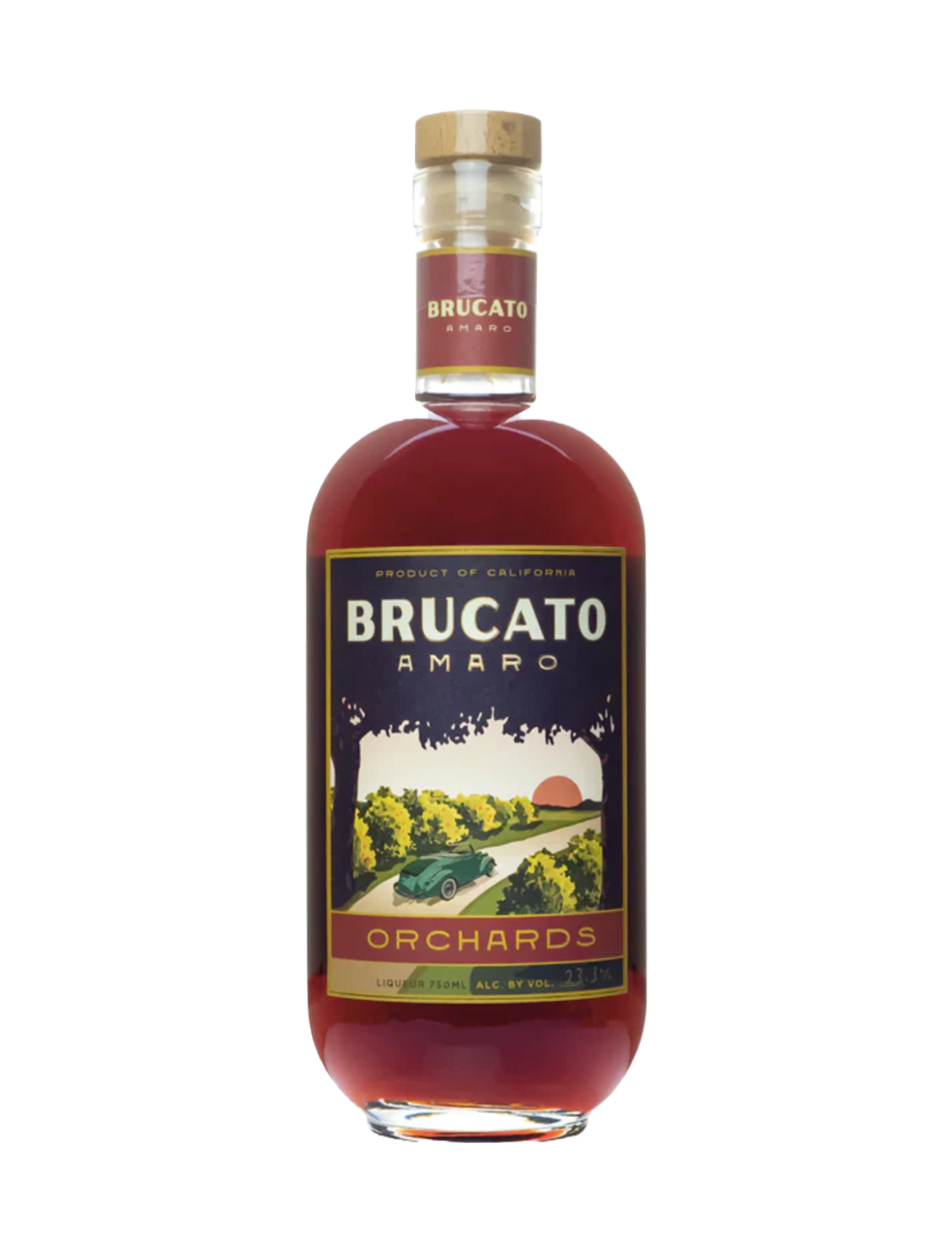 Brucato Orchards Amaro bottle, a symphony of Californian botanicals, fruits, and nuts, exuding complex flavors.