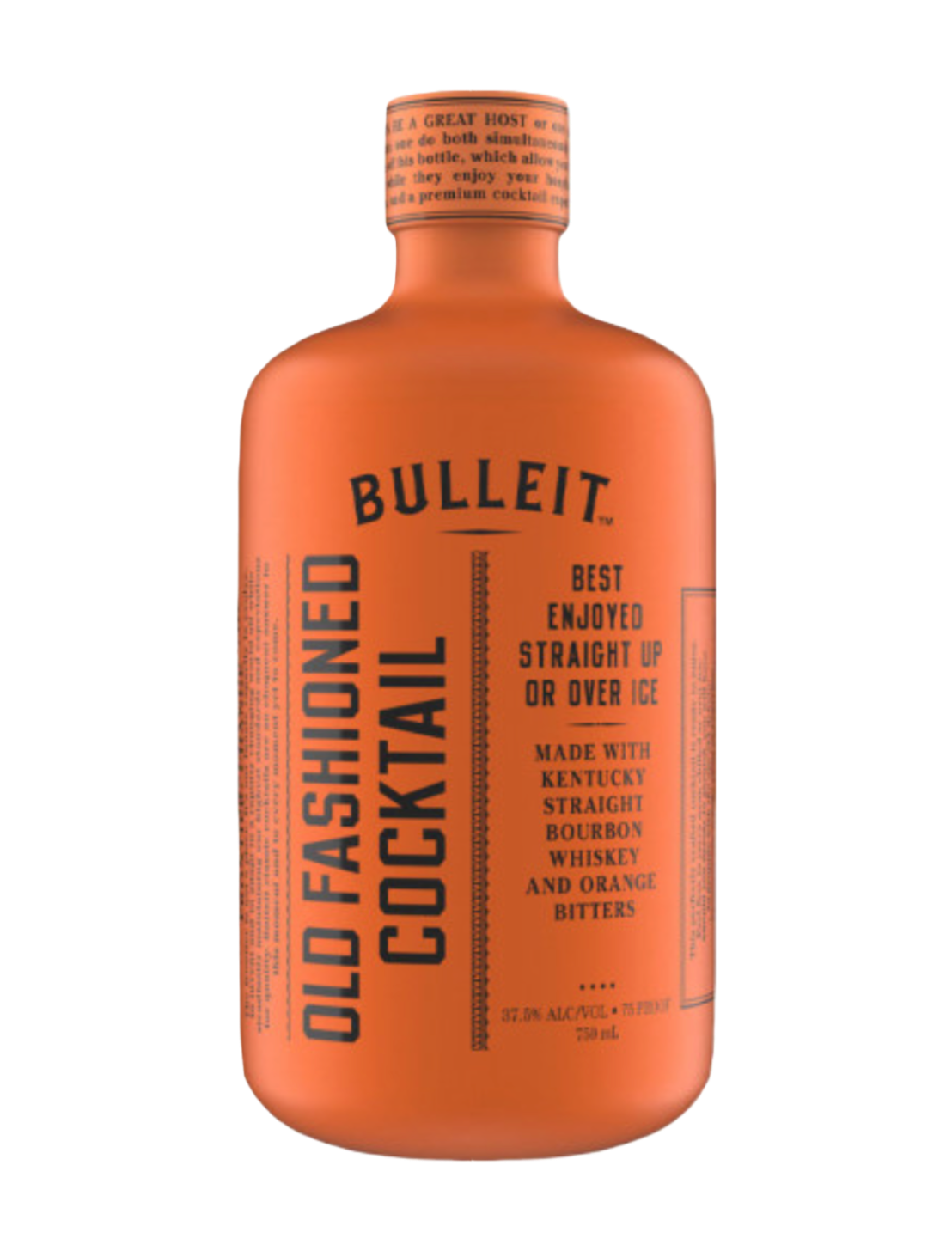 Bottle of Bulleit Old Fashioned Cocktail in front of a plain white background