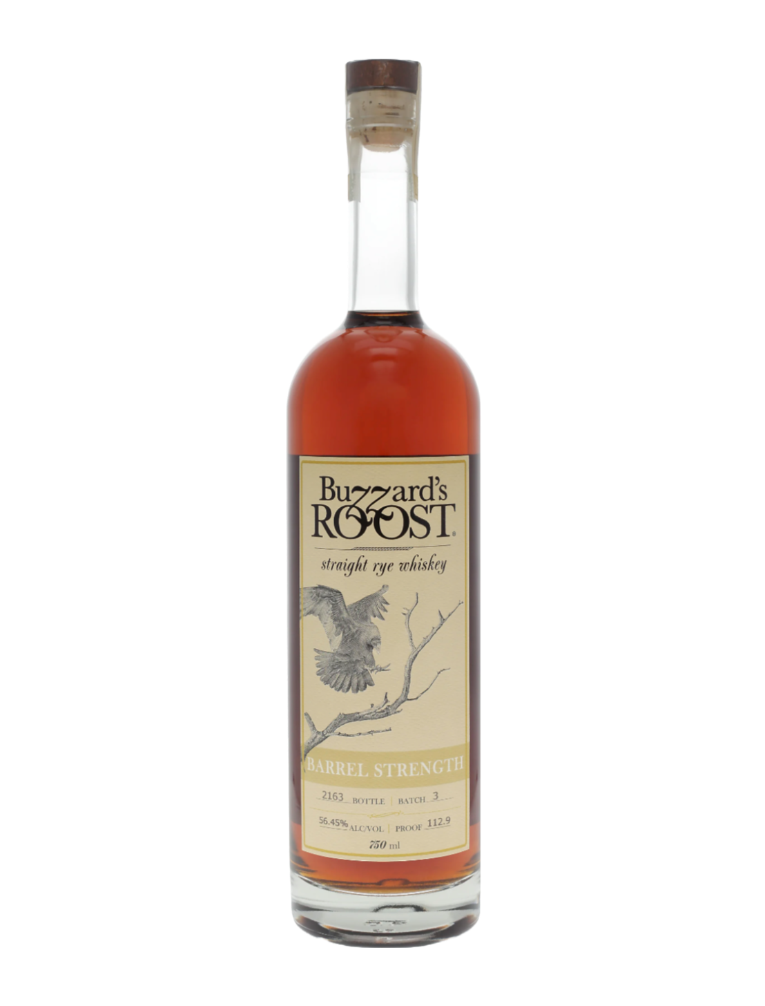 An elegant bottle of Buzzard's Roost Straight Rye Whiskey in front of a plain white background