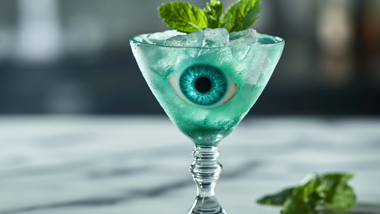 A close up of an eyeball ice cocktail