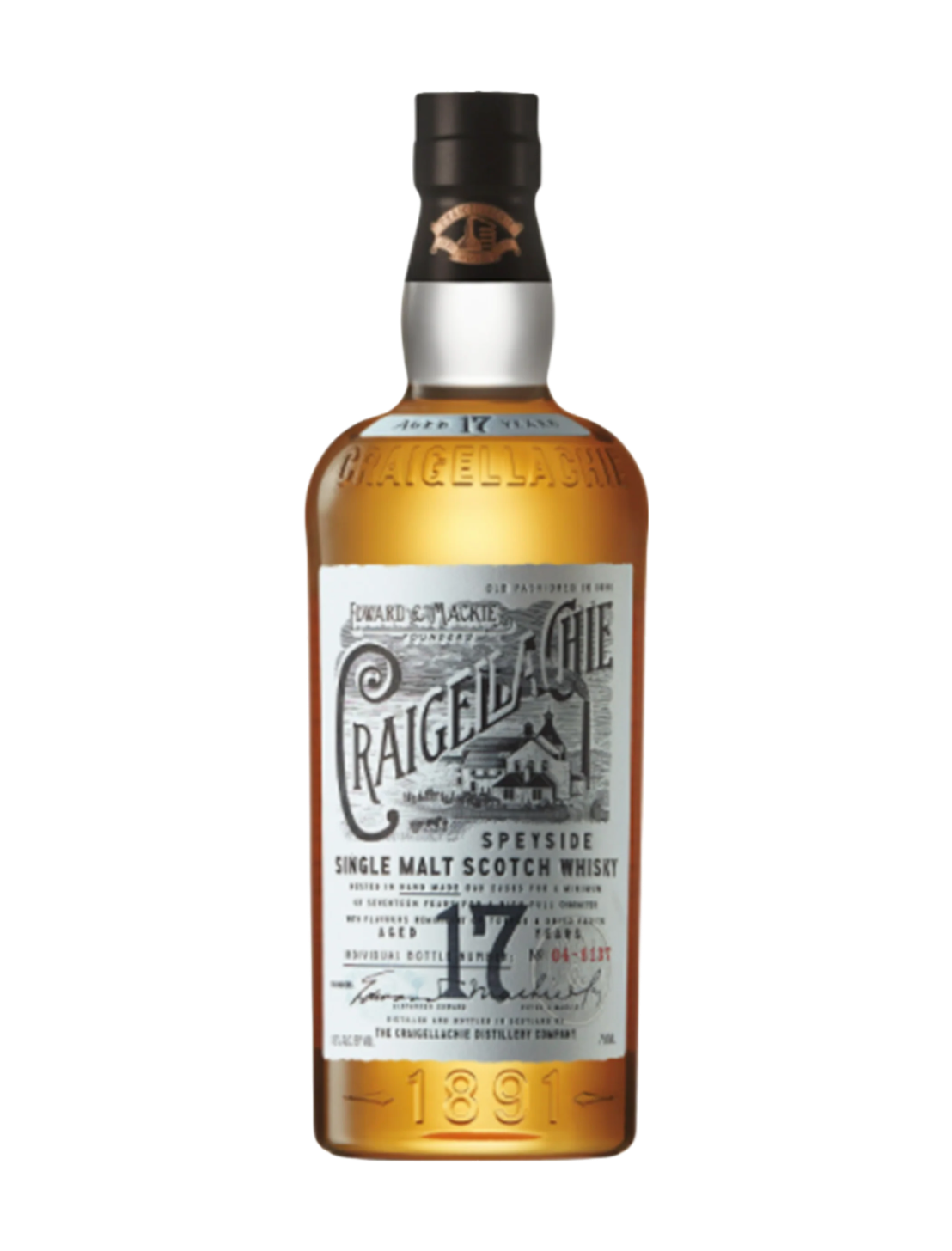 An elegant bottle of Craigellachie 17 Single Cask Single Malt Scotch in front of a plain white background