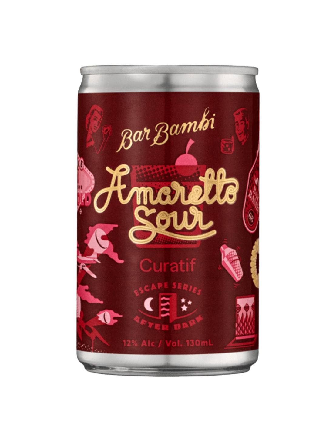 A can of Curatif X Bar Bambi Amaretto Sour in front of a plain white background