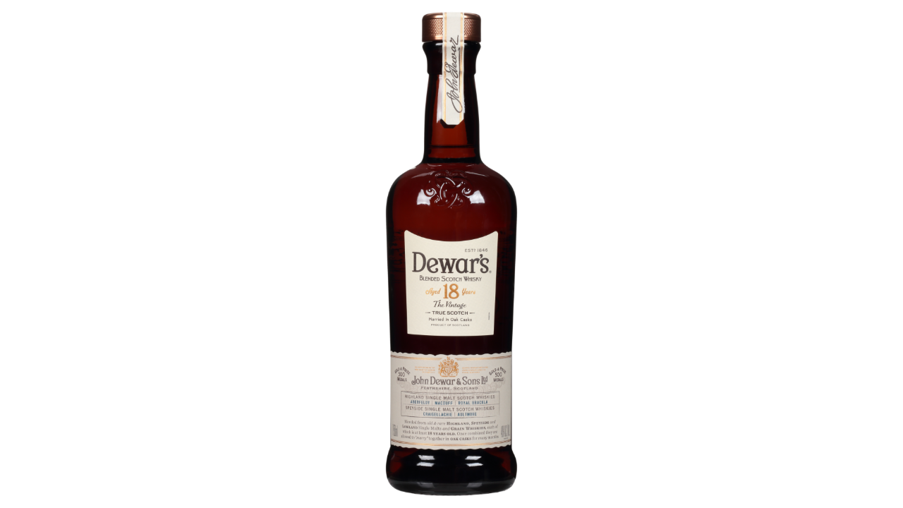 A bottle of Dewar's 18 Year Old Blended Scotch, a fine dark chocolate spirit