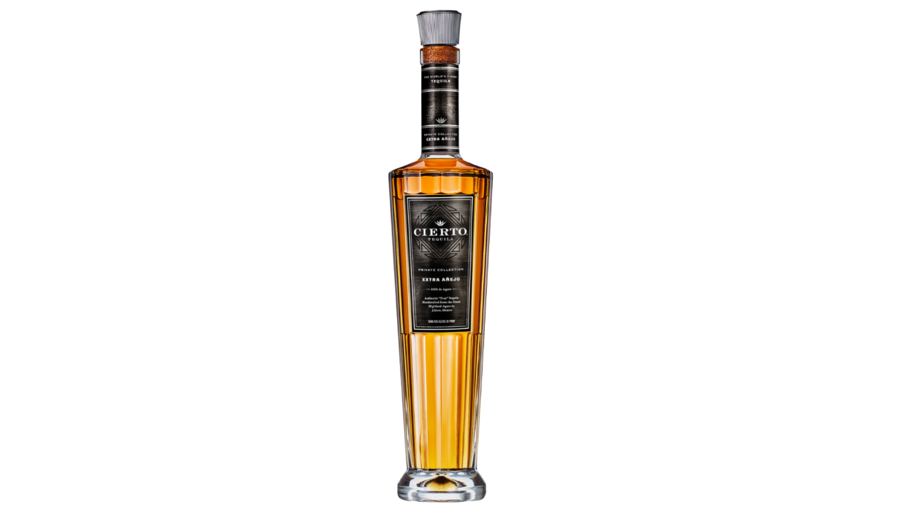 A bottle of Cierto Tequila Private Collection Extra Añejo, a great dark chocolate spirit