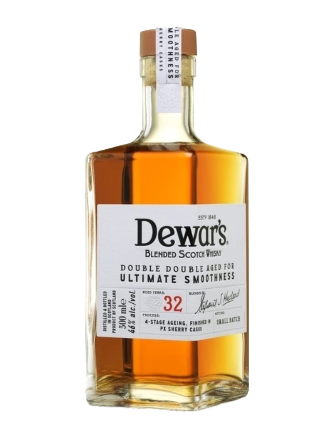 An elegant bottle of Dewar's Double Double 32 Year Old Blended Scotch in front of a plain white background