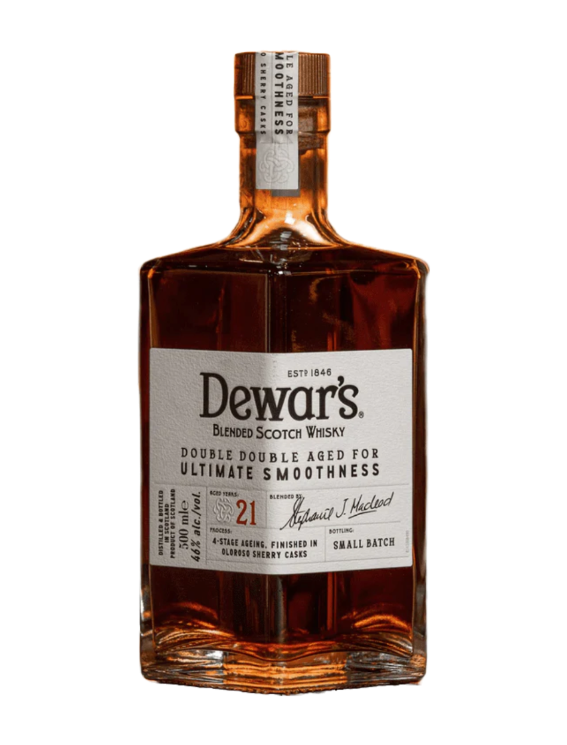 An elegant bottle of Dewars Double Double 20 Scotch in front of a plain white background