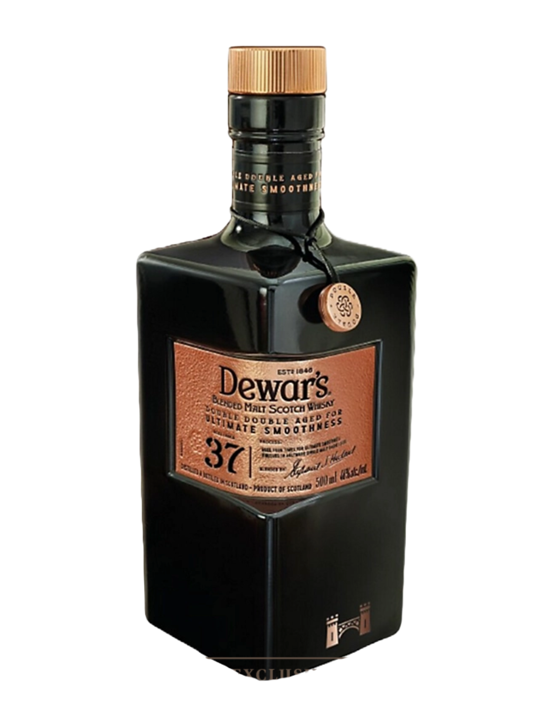 An elegant bottle of Dewars Double Double 37 in front of a plain white background