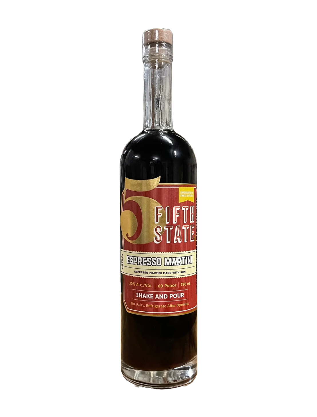 A bottle of Fifth State Distillery Espresso Martini in front of a plain white background