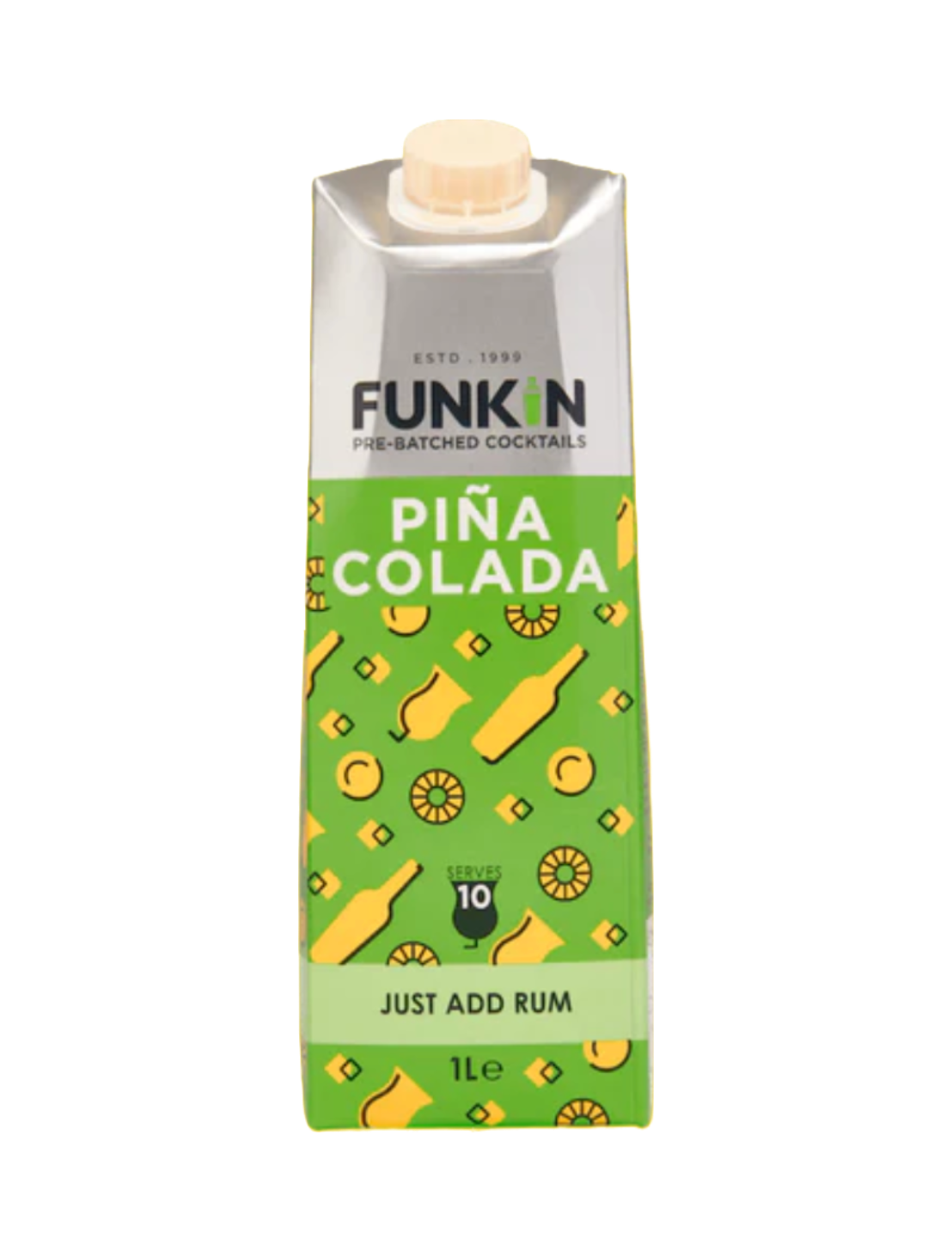Bottle of Funkin Cocktails Pina Colada in green packaging in front of a white background