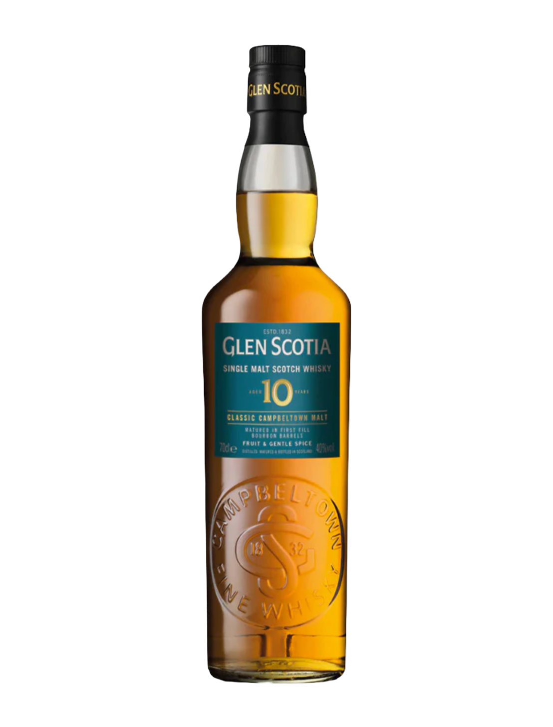 An elegant bottle of Glen Scotia 10 Year Old Cask Strength in front of a plain white background