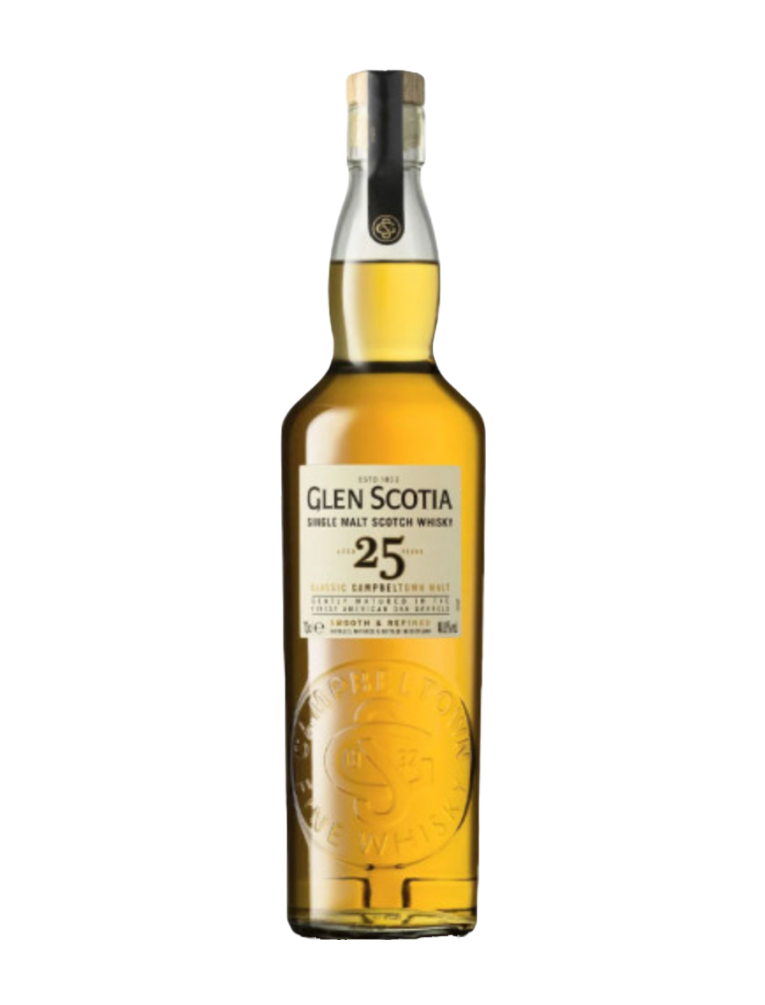 An elegant bottle of Glen Scotia 25 Year Old Single Malt Scotch in front of a plain white background