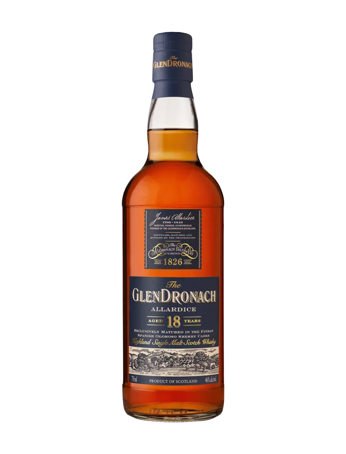 An elegant bottle of Glendronach 18 Year Single Malt Scotch Whisky in front of a plain white background