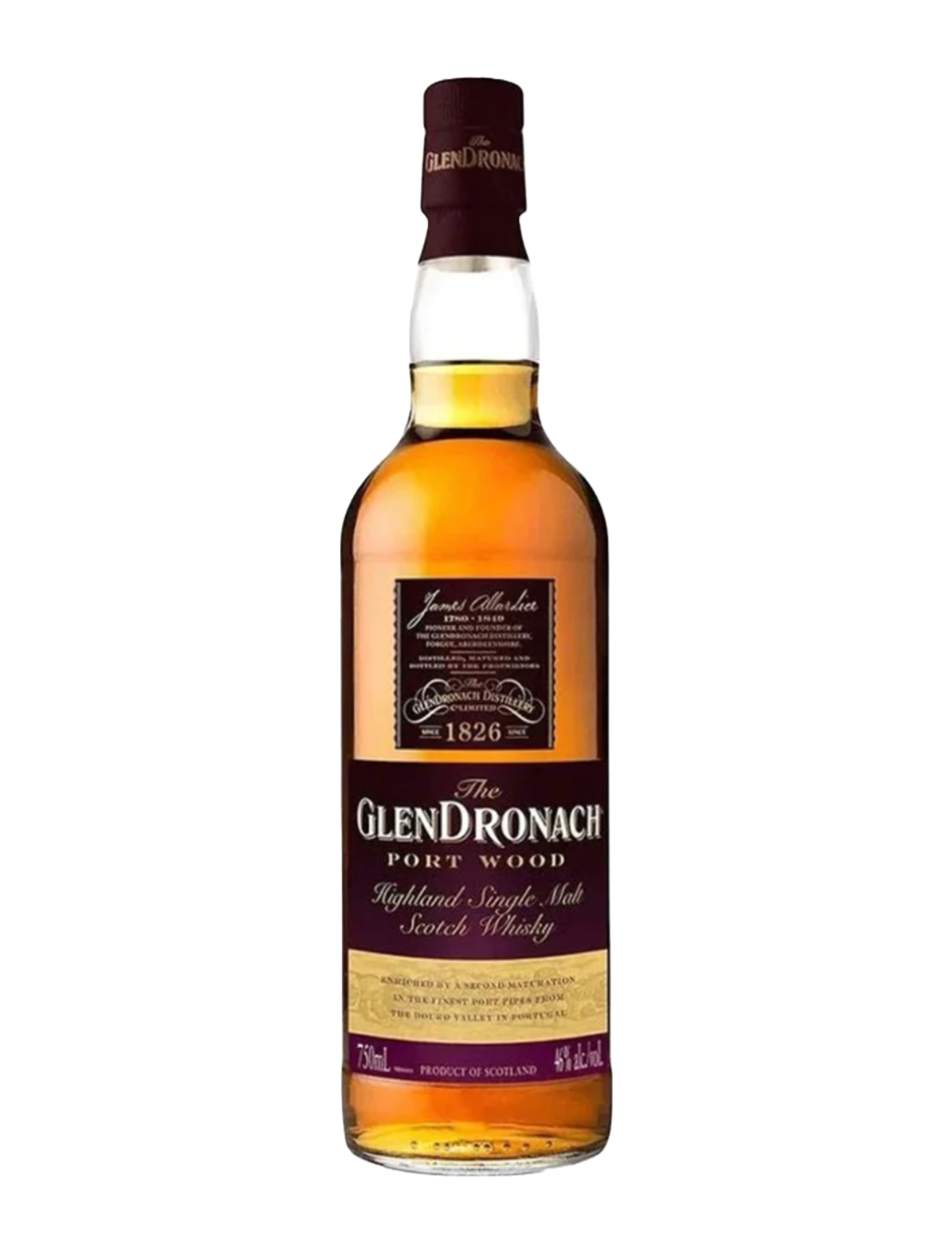 An elegant bottle of Glendronach Portwood Finish Single Malt Scotch Whiskey in front of a plain white background