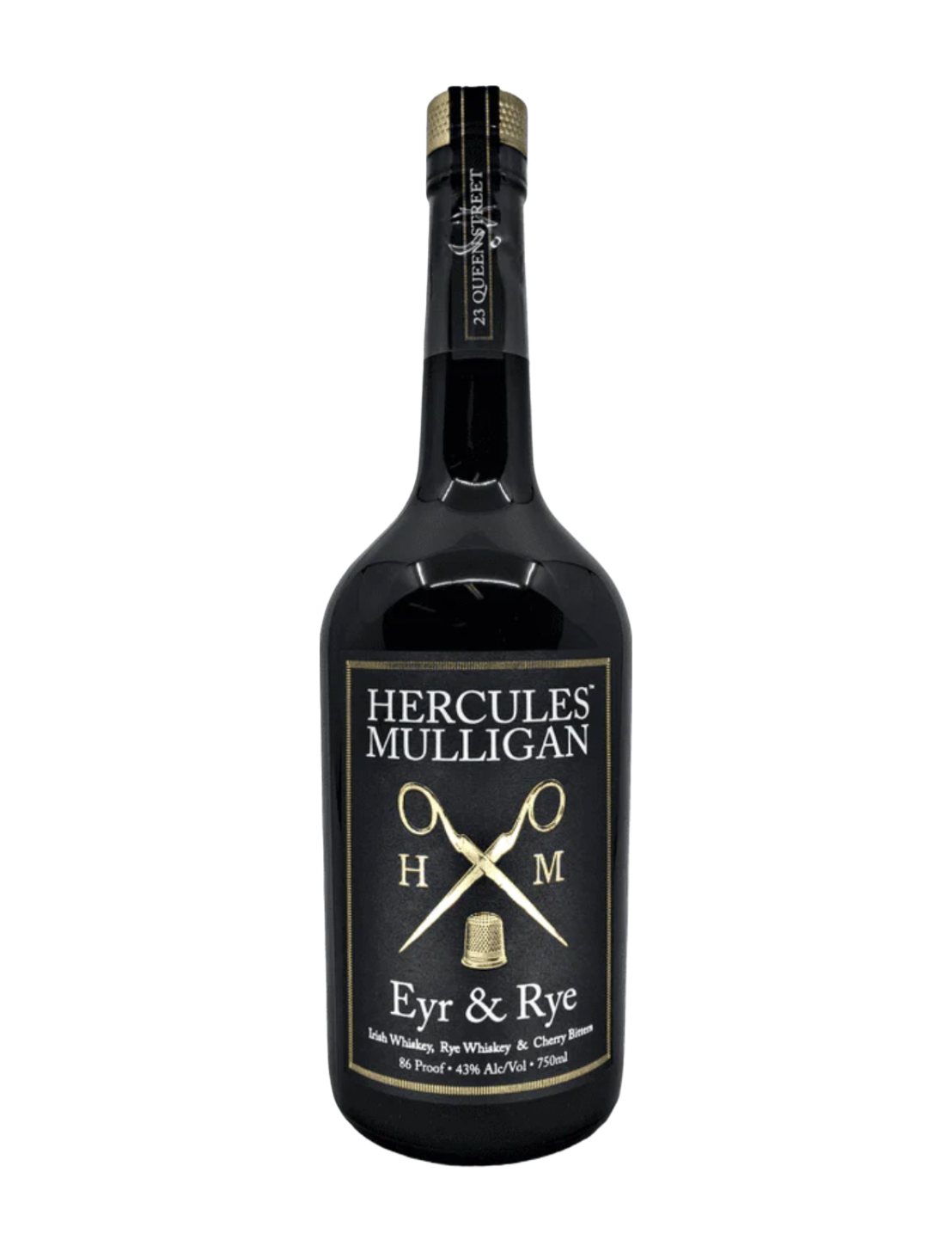 Elegant Black Bottle of Hercules Mulligan Eyr & Rye in front of a plain white background.