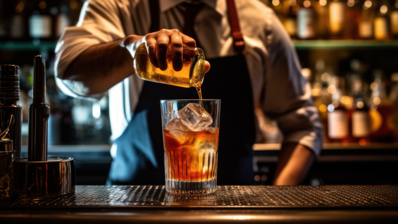 A dramatic shot of a man pouring syrup into a mixed drink in his home bar