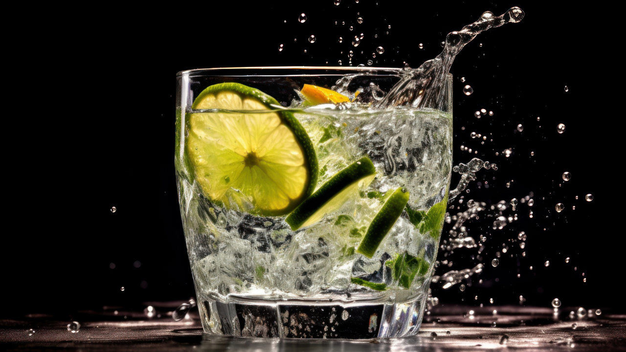 A close up of a mixed drink with lemon, lime, and other essential home bar garnishes