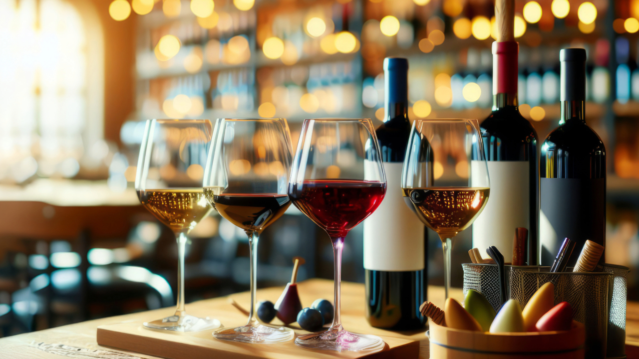 4 glasses of wine in an elegant home bar with ambiance