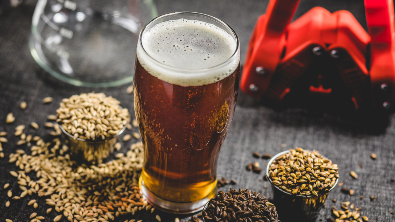 A home-brewed glass of beer next to hops, a bottler, and more homebrewing equipment
