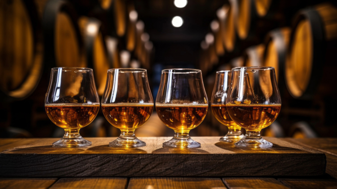 A row of several bourbons in tasting glasses in a rustic, moody bar