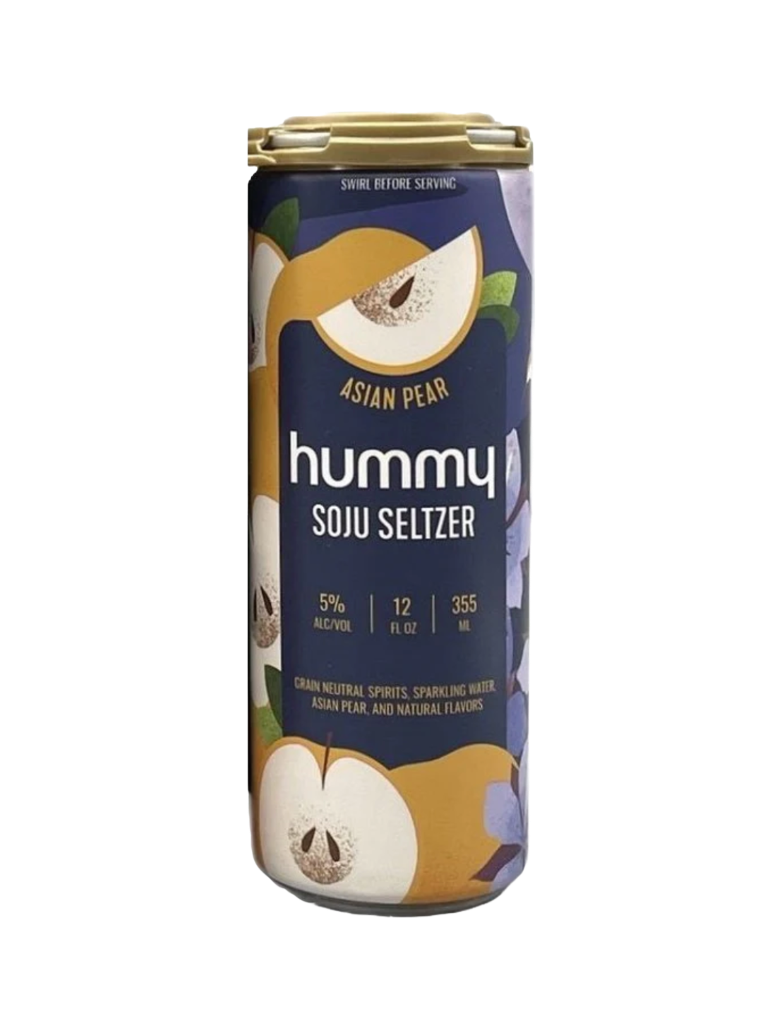 Black can of Hummy Asian Pear Soju Seltzer in front of a plain white background