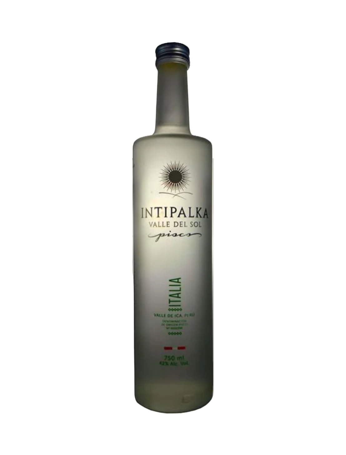 Elegant Intipalka Pisco Puro bottle, signifying its five-time distilled smoothness and six-month oak aging.