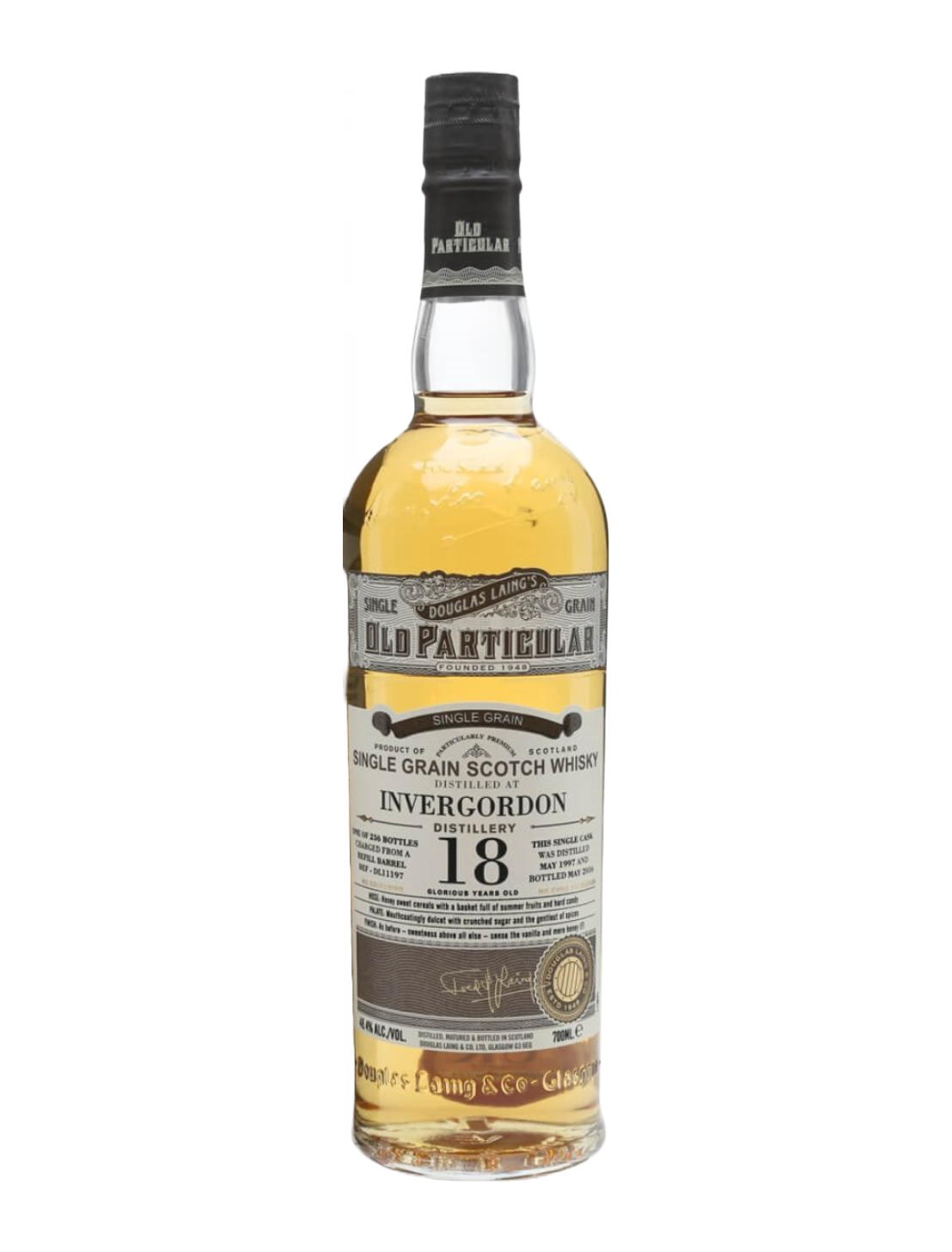 An elegant bottle of Invergordon 18 Year Highland Single Grain Whisky in front of a plain white background