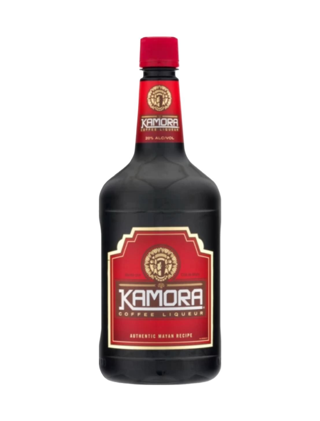 Bottle of Kamora with Red Label. Savory, decadent coffee liqueur with notes of vanilla, chocolate and caramel.