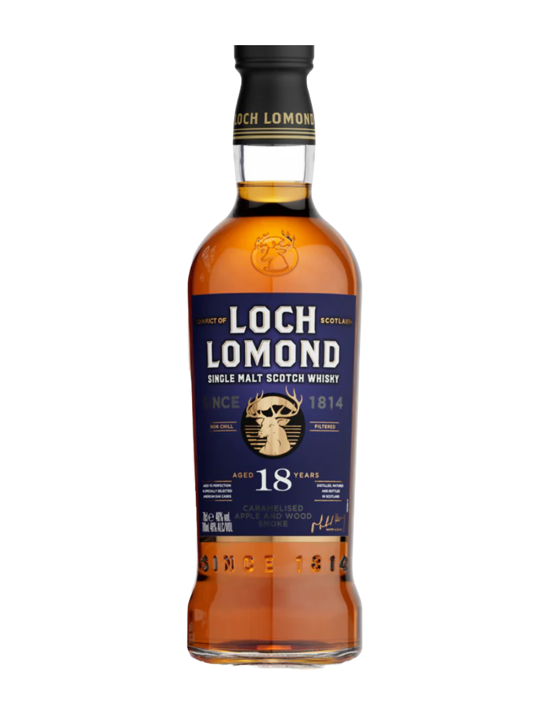 An elegant bottle of Loch Lomond 18 Year Old Inchmurrin Single Malt Scotch in front of a plain white background