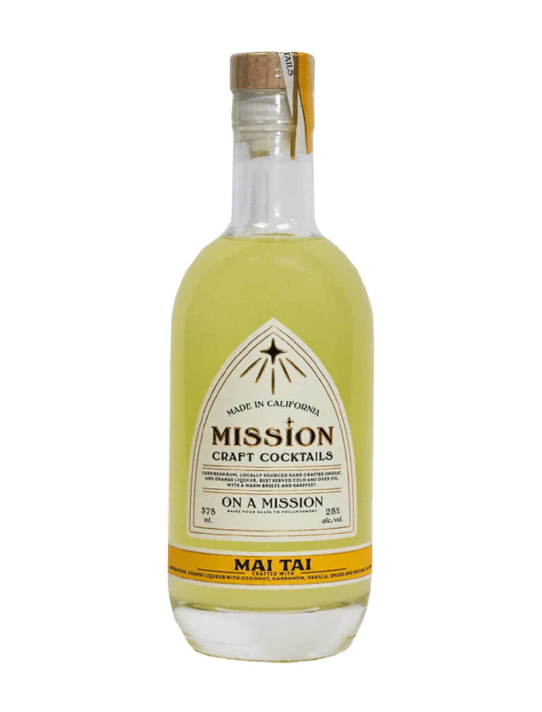 A bottle of Mission Craft Cocktails Mai Tai in front of a plain white background