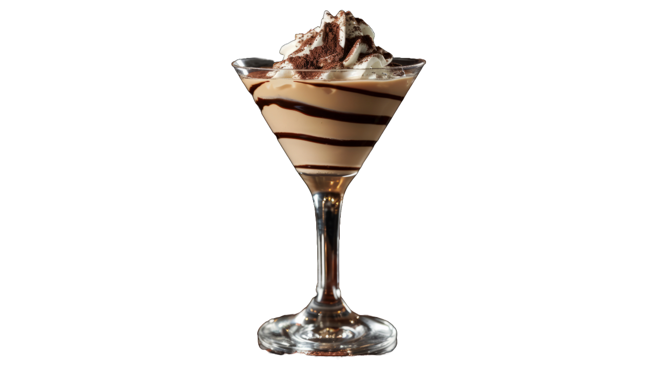 A romantic drink, a mudslide cocktail with whipped cream, in front of a translucent background