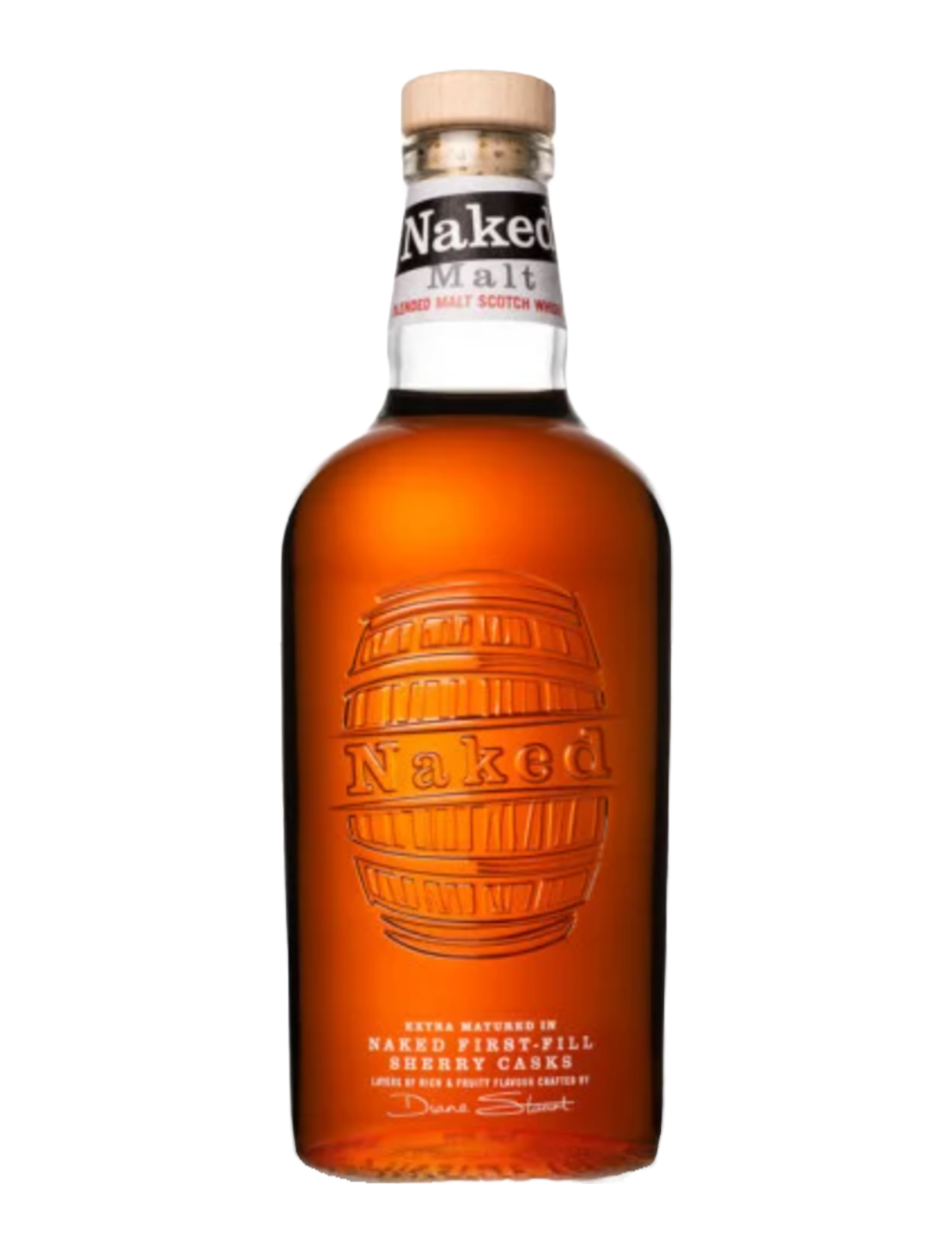 An elegant bottle of Naked Malt Blended Malt Scotch in front of a plain white background
