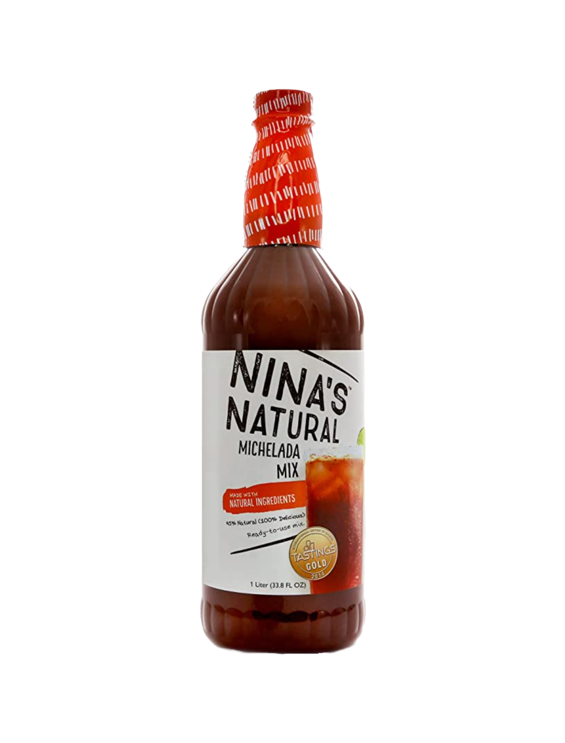 Bottle of Nina's Natural Michelada Mix with an orange label in front of a plain white background