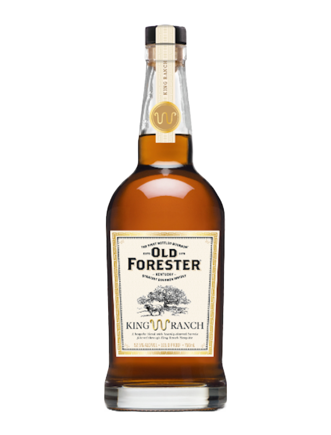 An elegant bottle of Old Forester King Ranch Edition in frot of a plain white background