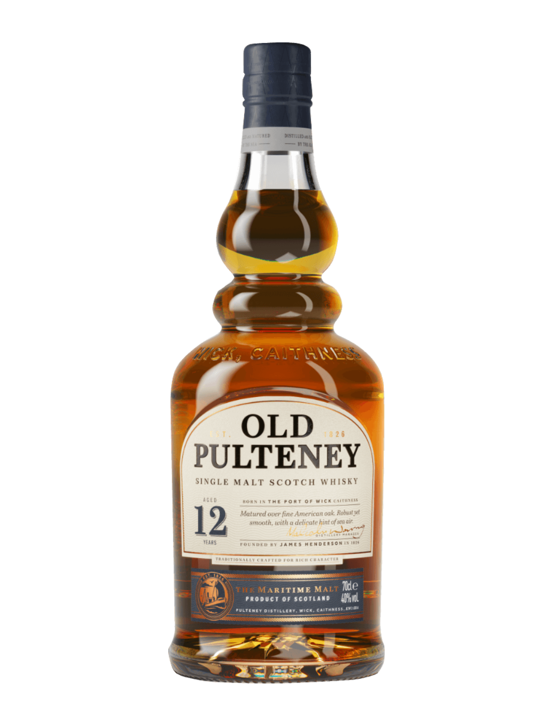 An elegant bottle of Old Pulteney 12 Year Old Single Malt Scotch in front of a plain white background