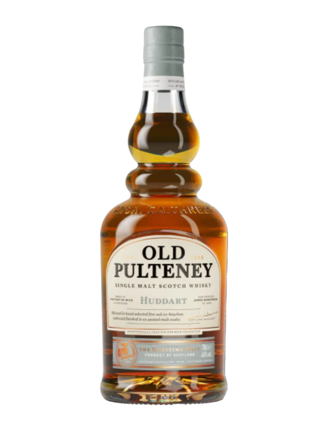 An elegant bottle of Old Pulteney Huddart Single Malt Scotch in front of a plain white background