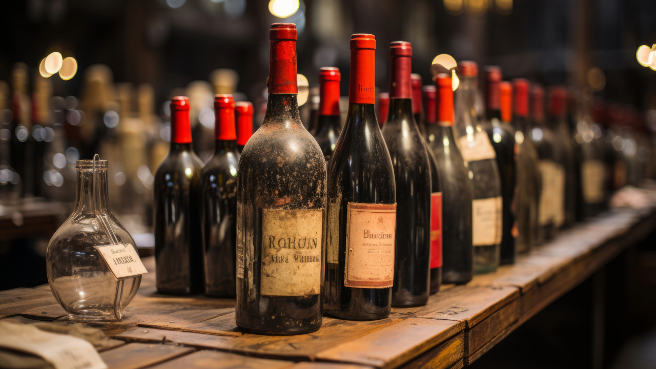 A variety of old and rare spirits displayed on an ancient bar.