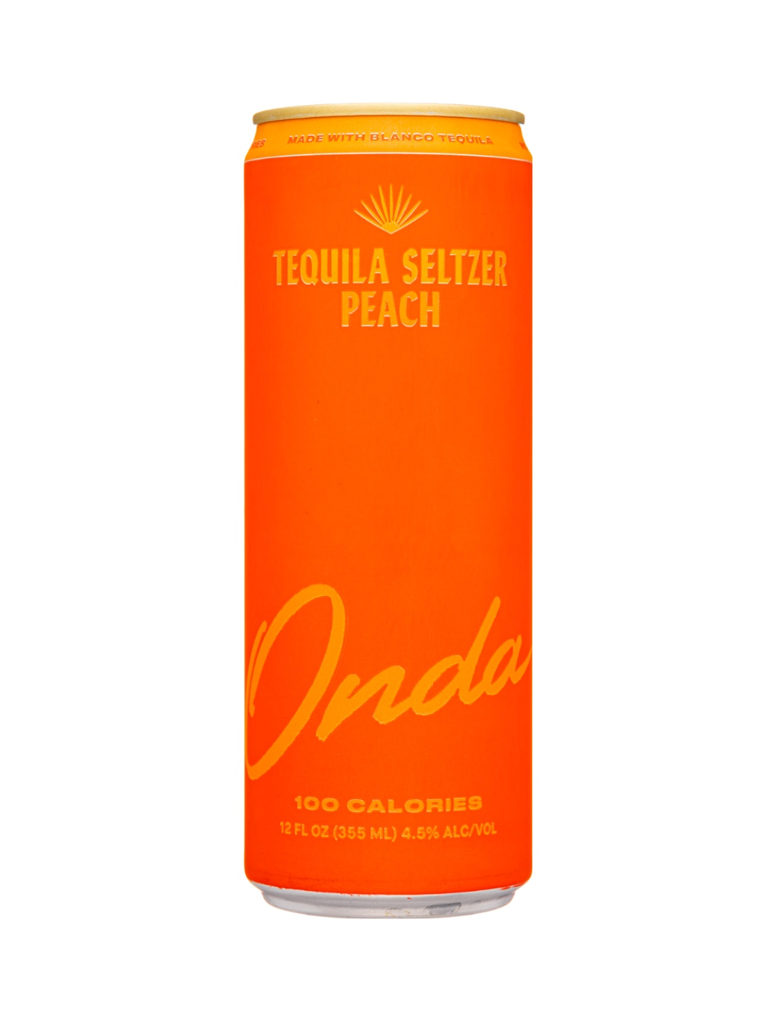 An orange can of Onda Tequila Seltzer Peach in front of a plain white background